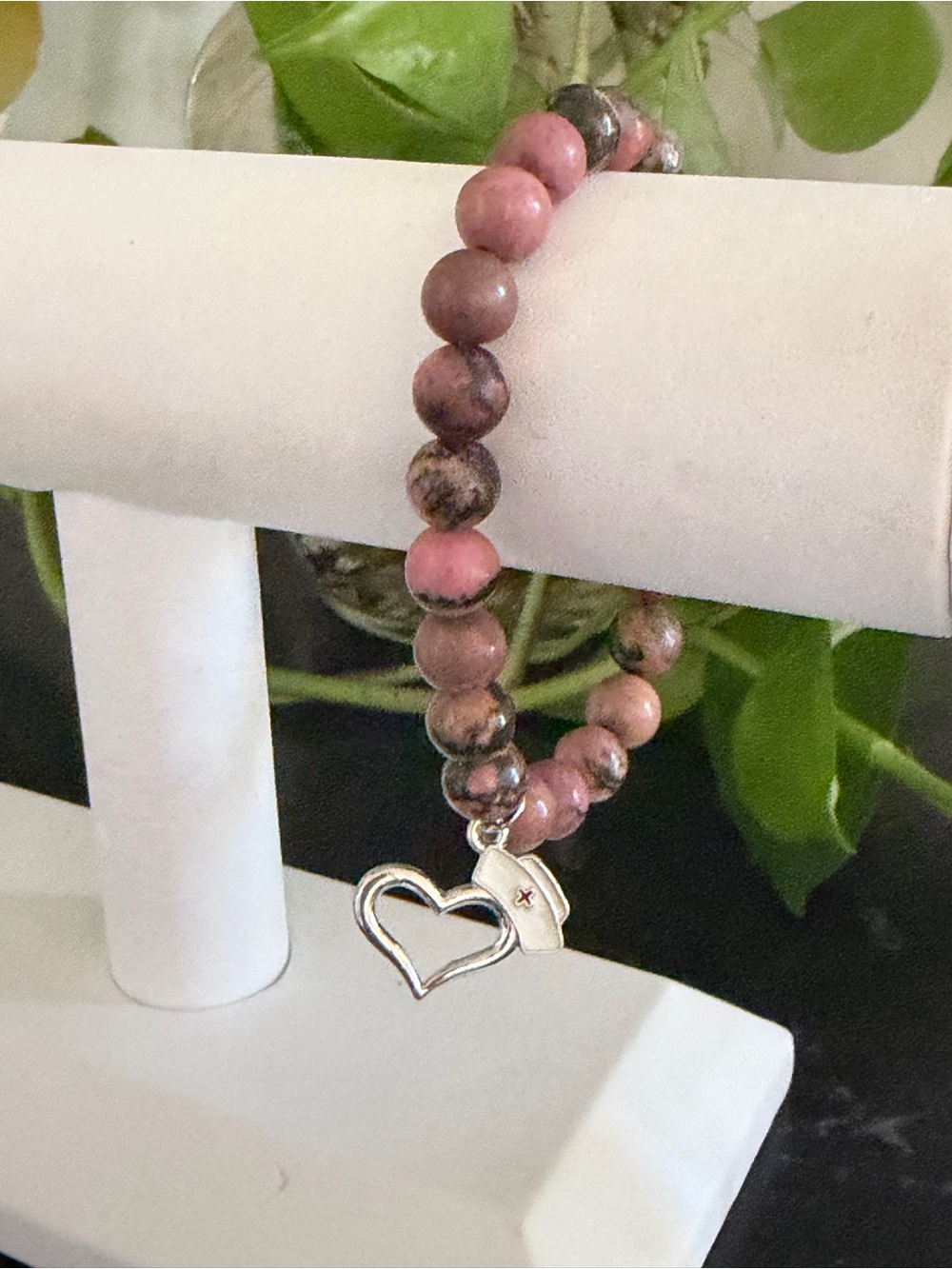 Vintage Pink Rhodonite Beaded Bracelet & Silver Nurse Heart Charm